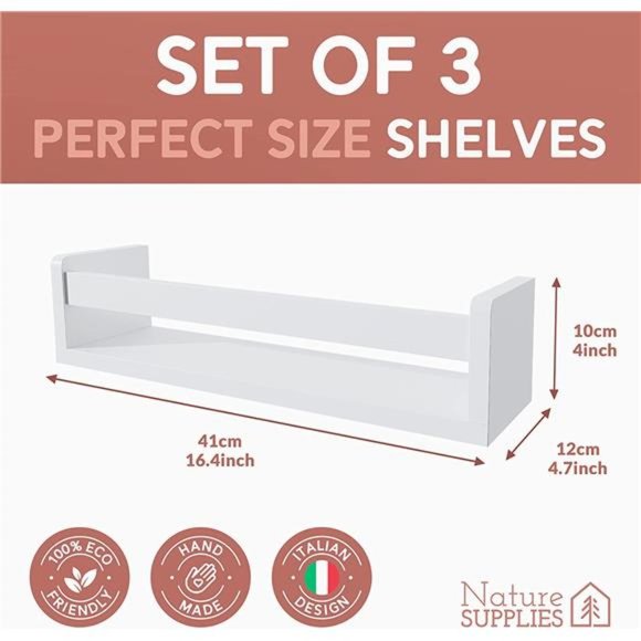 Set of 3 White Nursery Room Shelves - Solid Wood for Books (Classic White) - Picture 3 of 5